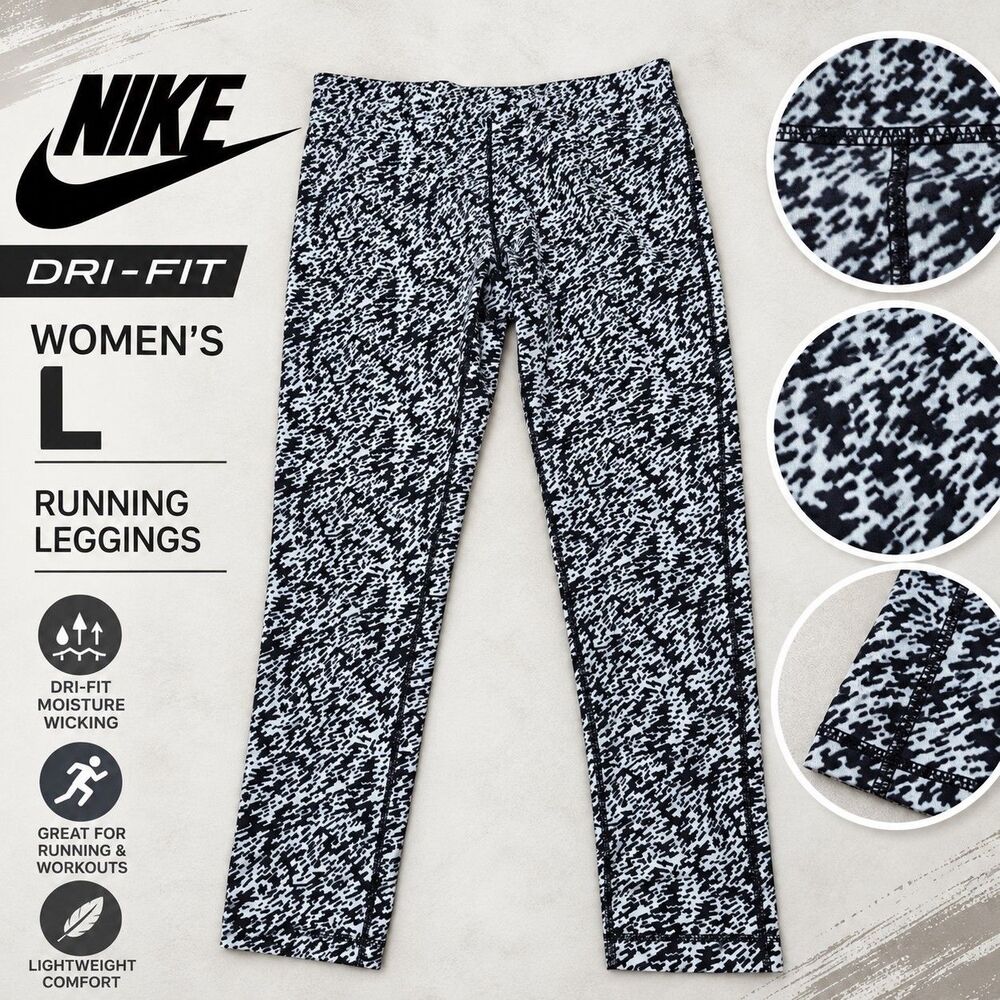 Nike Dri-FIT Women's L Black White Abstract Print Running Leggings